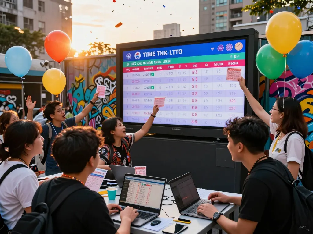 HK Lotto enthusiasts celebrating real-time lottery results in vibrant urban setting.