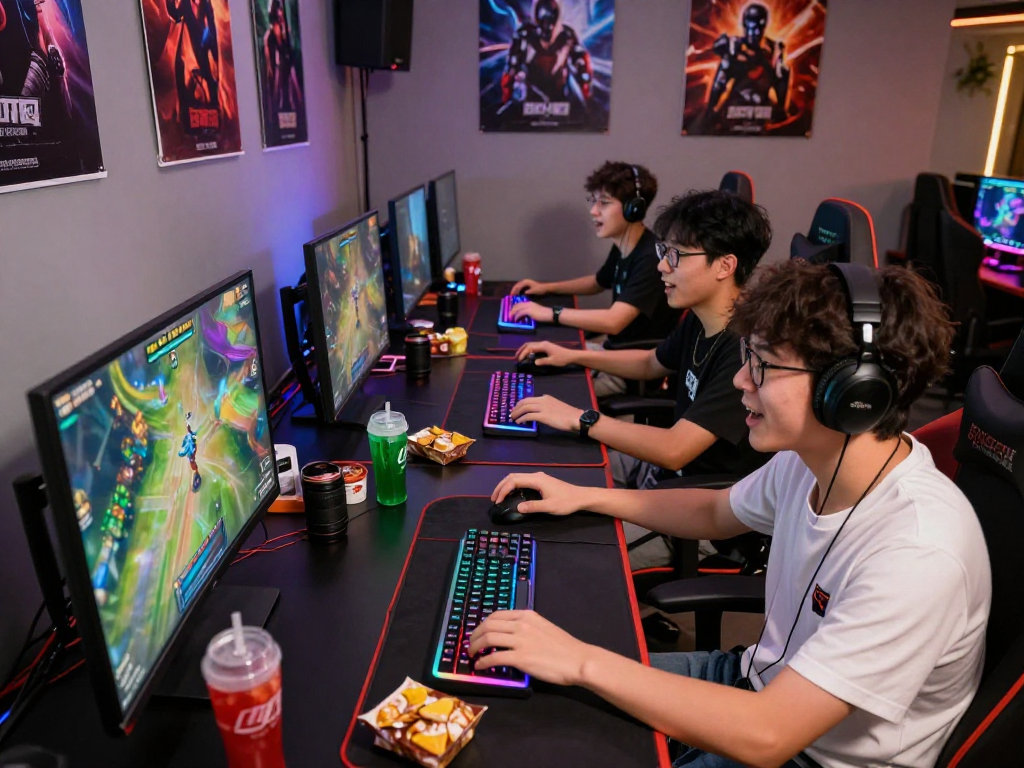Group of friends playing rokok88 with intense focus in a vibrant gaming room.