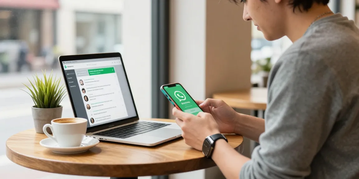 Smartphone user downloading WhatsApp下載 in a modern café setting.