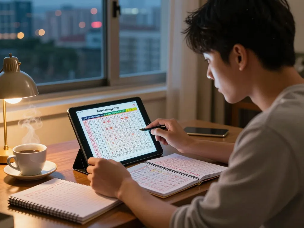 Player analyzing HK Lotto results on a tablet at home, filled with strategies, warm evening ambiance.