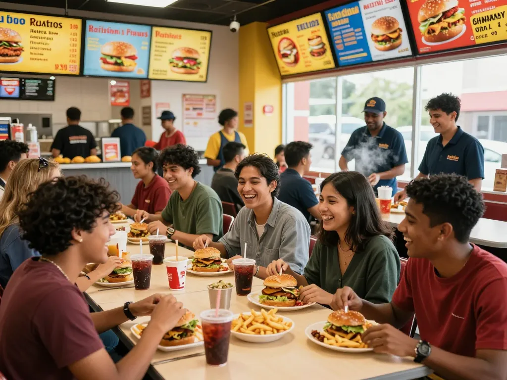 Friends enjoying fast food meals, highlighting fast food prices in a lively restaurant atmosphere