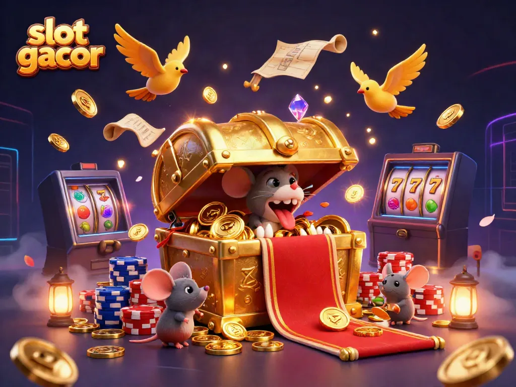 Menggoda pemain slot gacor dengan peti harta karun berkilau dan simbol keberuntungan.