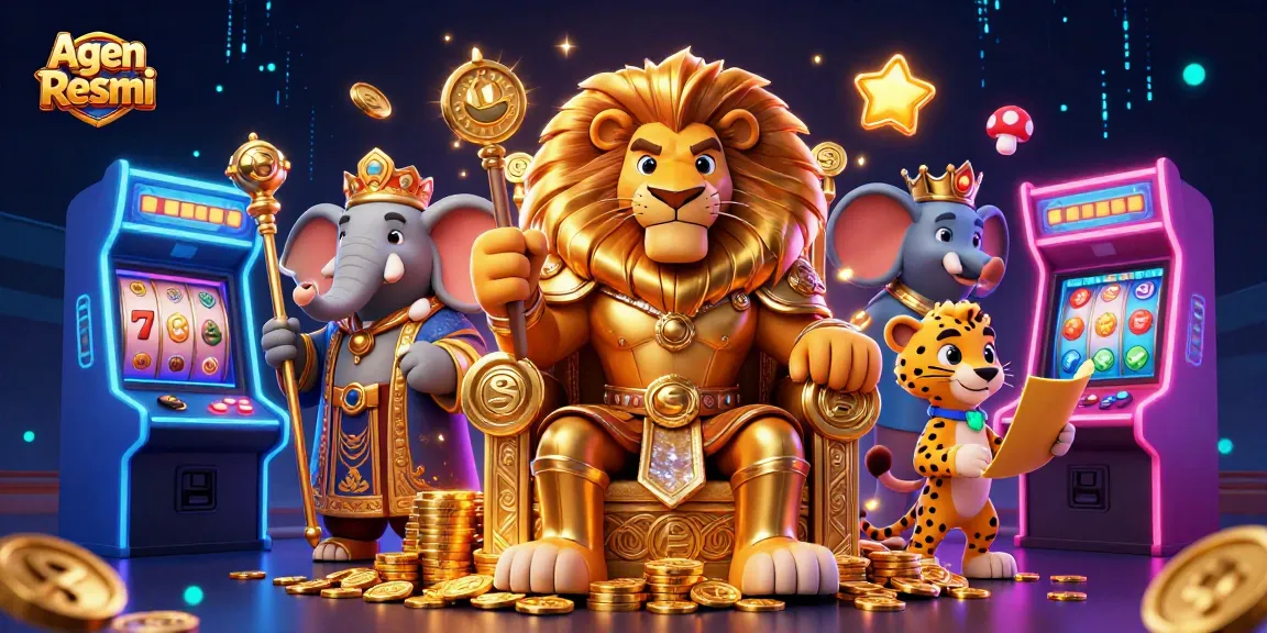 Agen Resmi showcases vibrant arcade elements amid a royal gaming scene with a lion king, elephant advisor, and cheetah messenger.