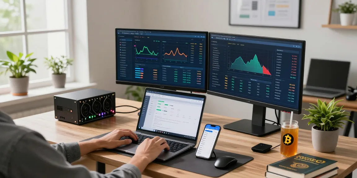 cloud mining company workspace showcasing cryptocurrency mining performance on multiple screens and digital wallet management.