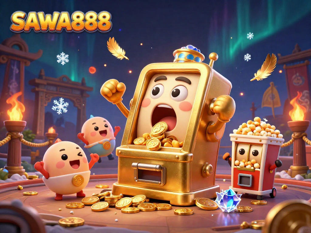 SAWA888 showcases a golden slot machine winning as coins flow out amidst cheering baby slots.