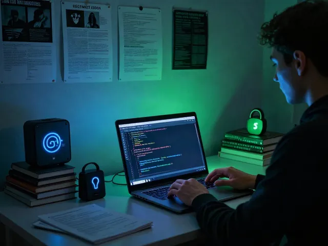 The hidden wiki official site explored in a dark web setting with code on a laptop, security tools, and ambient lighting.