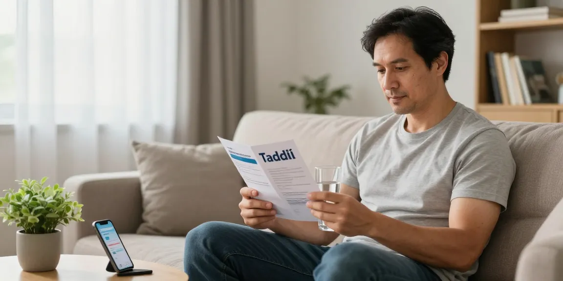Tadalafil product review scene, man contemplating choices for erectile dysfunction support in a cozy living room.