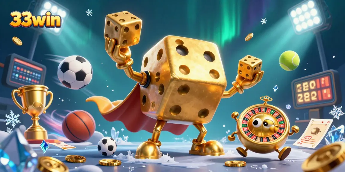 Engage in thrilling moments with 33win as golden dice juggle and sports elements fly around