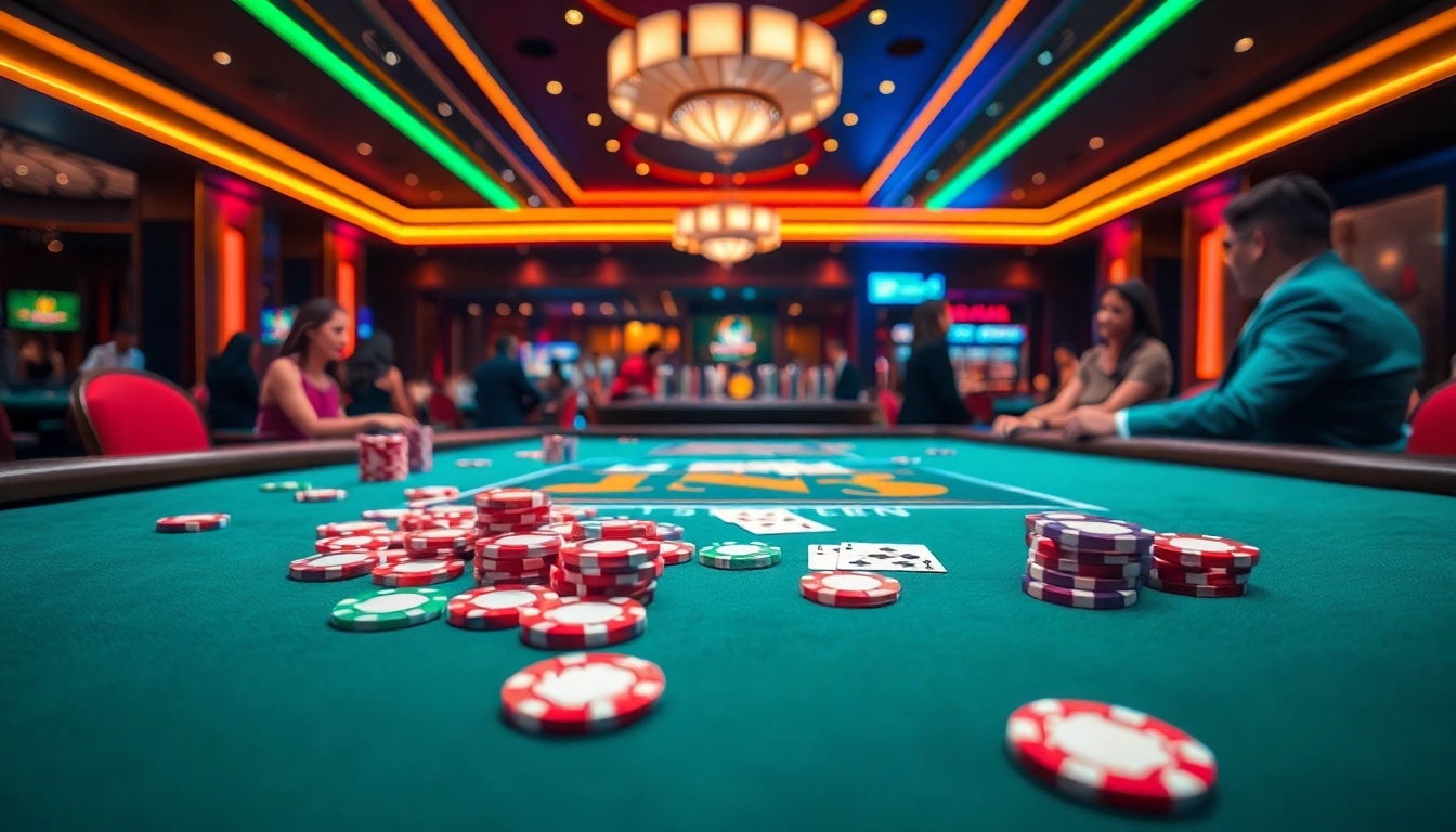 Permainan QQWIN4D di kasino dengan meja poker yang penuh dengan pemain dan chip berwarna-warni.
