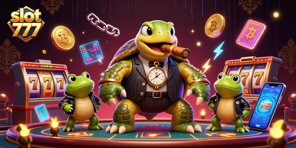 Engage in dynamic slot 777 action with a cartoon turtle and bullfrog enforcers amidst colorful game elements.