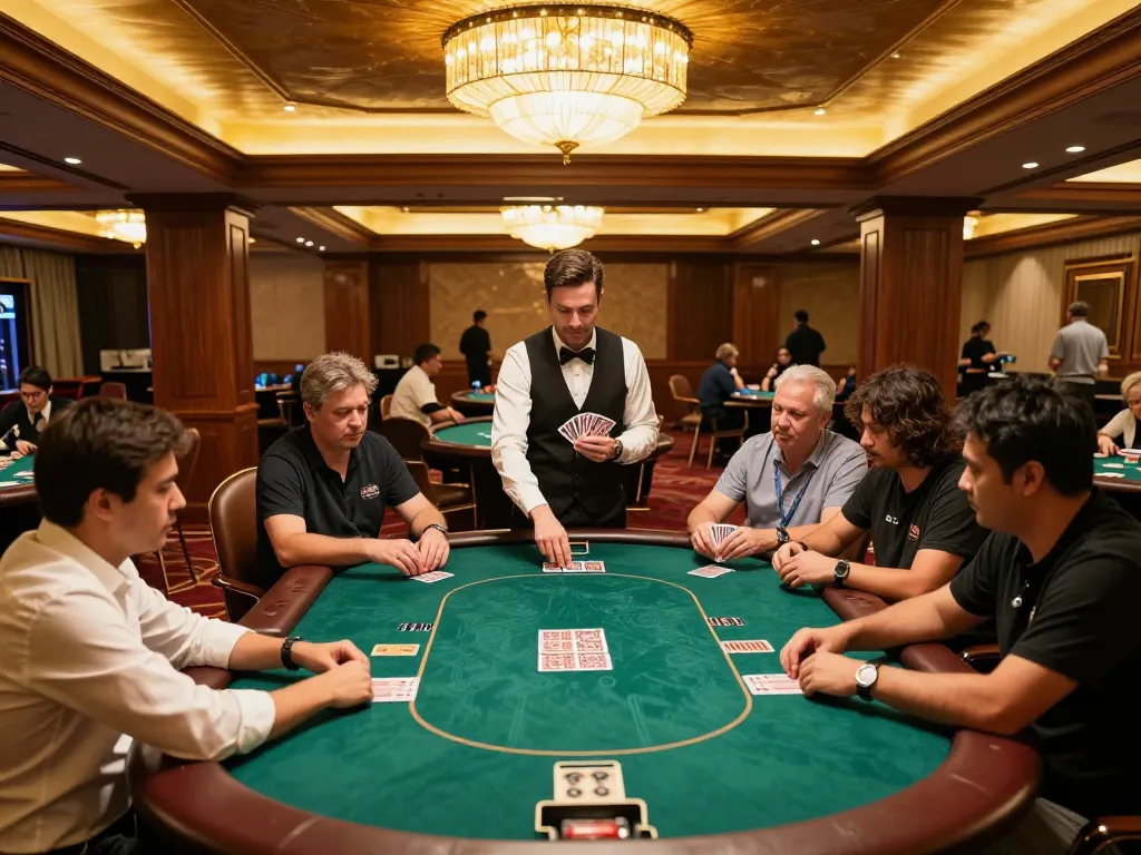KJC poker players engaged in a game, dealer shuffling cards in an upscale casino setting.