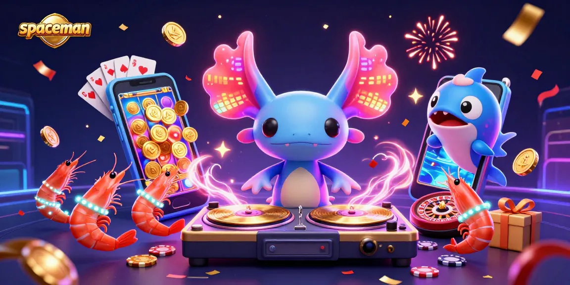 Spin to win with Spaceman's vibrant slot gaming scene, featuring neon characters and lively casino elements.