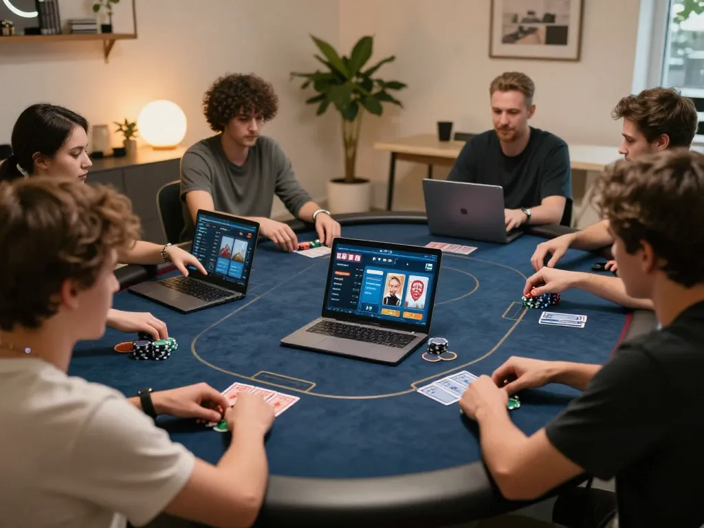 Pemain Bintangmpo terlibat dalam permainan poker multipemain online yang mendebarkan, menampilkan permainan strategis