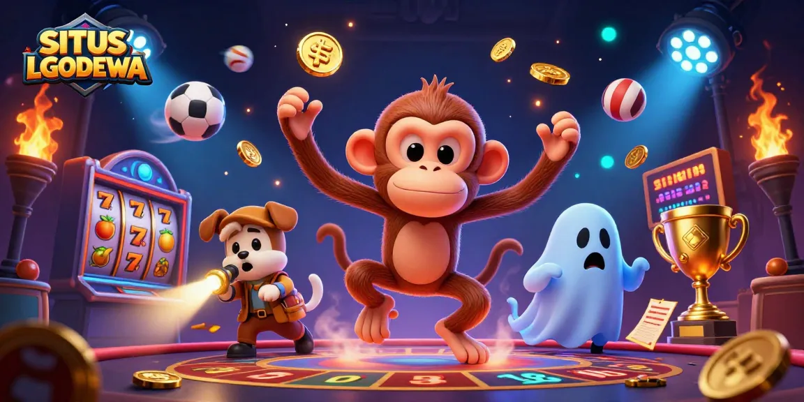 Engage in thrilling gaming action at SITUS LGODEWA with rich visuals of slot machines and playful characters.