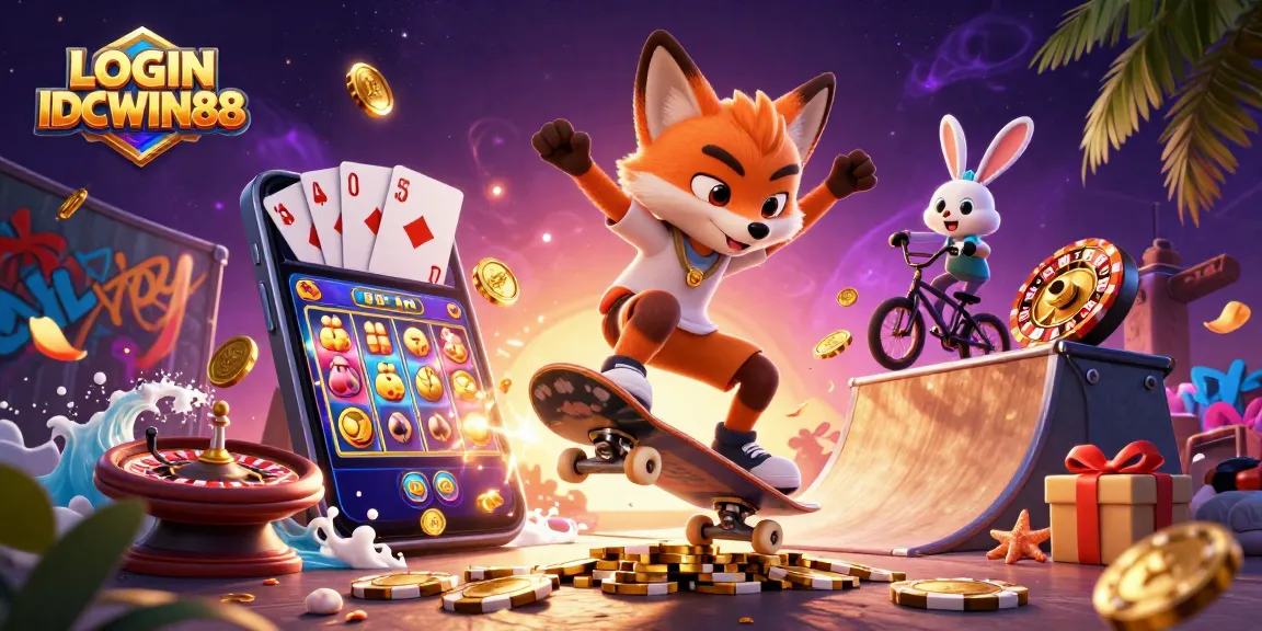 Engage with LOGIN IDCWIN88 in a vibrant 3D casino scene with animated fox and rabbit characters.