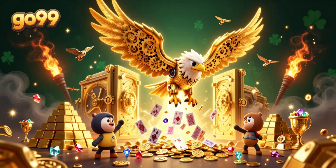 Experience go99's exciting gaming world with a golden eagle amidst dazzling treasures and cards.