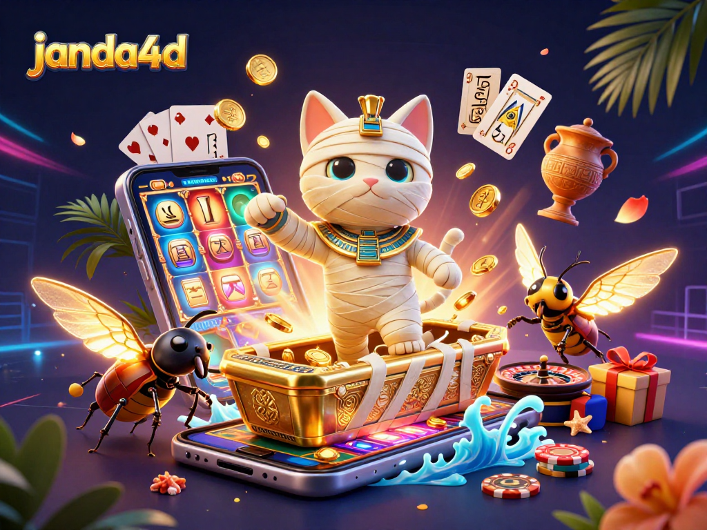 Experience janda4d thrills with an Egyptian mummy cat and casino elements in a vibrant scene.