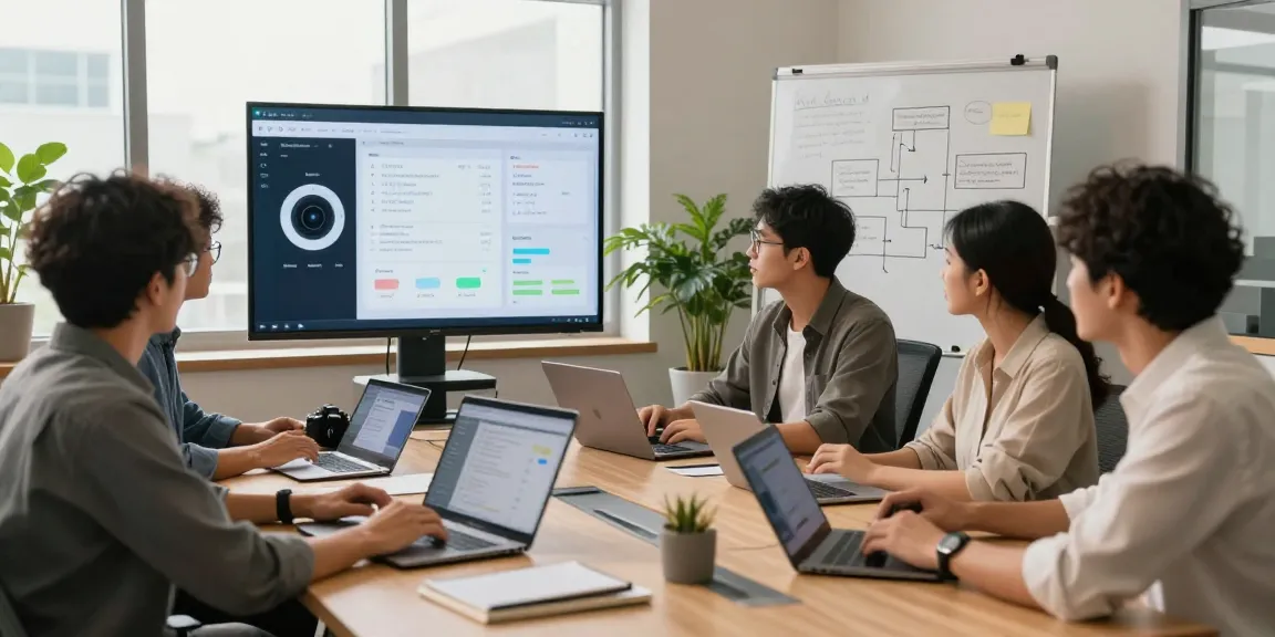 Team collaborating on AI image detector results in a modern office.