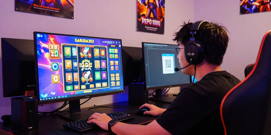 Exciting online slot gaming scene featuring a player engaging with slot depo 1000 interface, dynamic graphics, and colorful symbols.