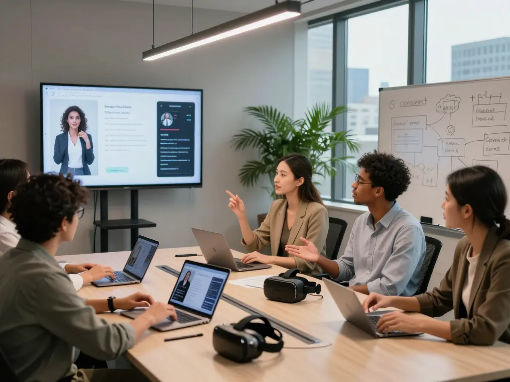 Innovative team discussing AI sex technologies in a modern workspace.