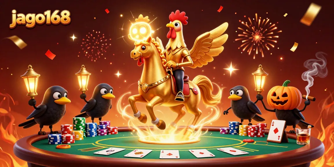 Experience the thrill of jago168 with a golden rooster in a casino scene filled with poker elements.