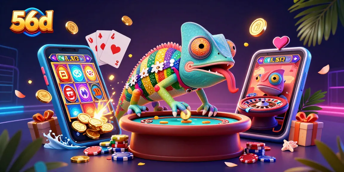 Experience thrilling wins at 56d with a vibrant chameleon casino owner amidst dynamic games and treasures.