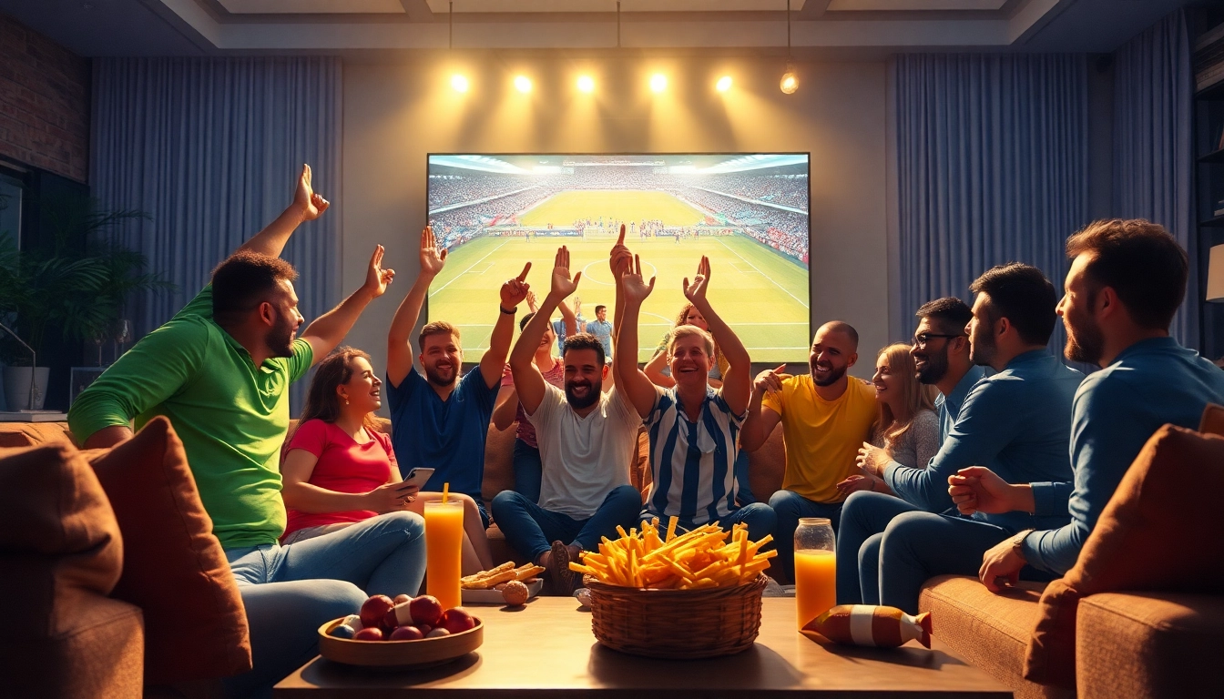 Fans excitedly watching bolakami world cup match in vibrant room with large screen.