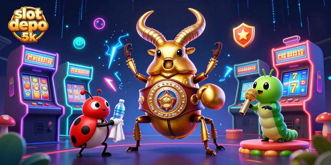 Engage with slot depo 5k in a vibrant 3D casino scene featuring a golden stag beetle and gaming action!