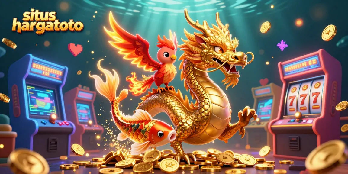 Engage in thrilling gameplay at situs hargatoto with a stunning illustration of a dragon, phoenix, and koi fish.