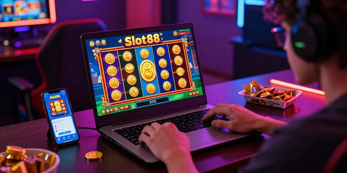 Engaged player enjoying slot88 games on laptop with vibrant graphics and snacks.
