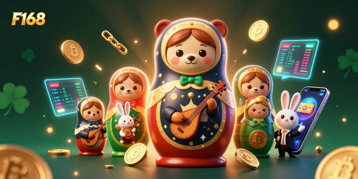 Play and win with F168 in a vibrant casino-themed illustration full of engaging elements.